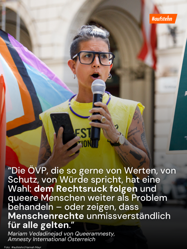 1 Foto eine_r Redner_in, und ein Zitat aus der Rede: "Die ÖVP, die so gerne von Werten, von Schutz, von Würde spricht, hat eine Wahl: dem Rechtsruck folgen und queere Menschen weiter als Problem behandeln – oder zeigen, dass Menschenrechte unmissverständlich für alle gelten.”
