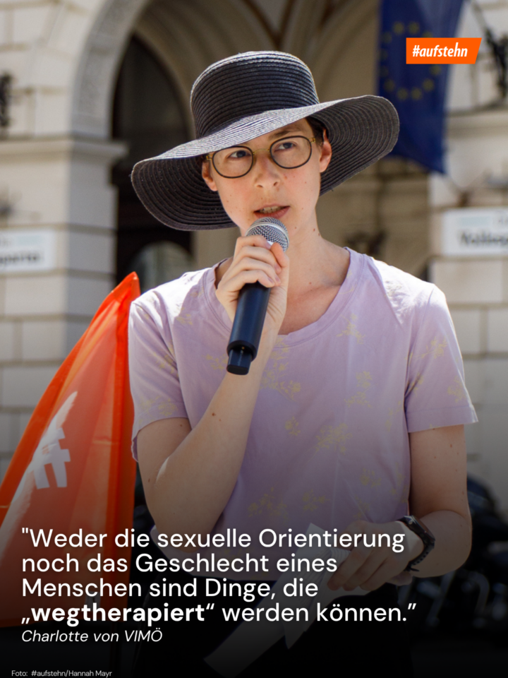 4 Foto eine_r Redner_in, sowie ein Zitat aus der Rede: "Weder die sexuelle Orientierung noch das Geschlecht eines Menschen sind Dinge, die „wegtherapiert“ werden können.”